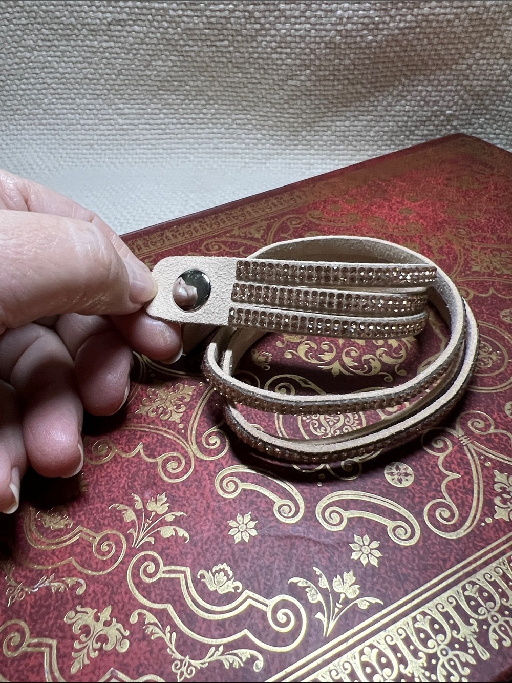 Beige Leather Wrap Bracelet with Rhinestone Straps